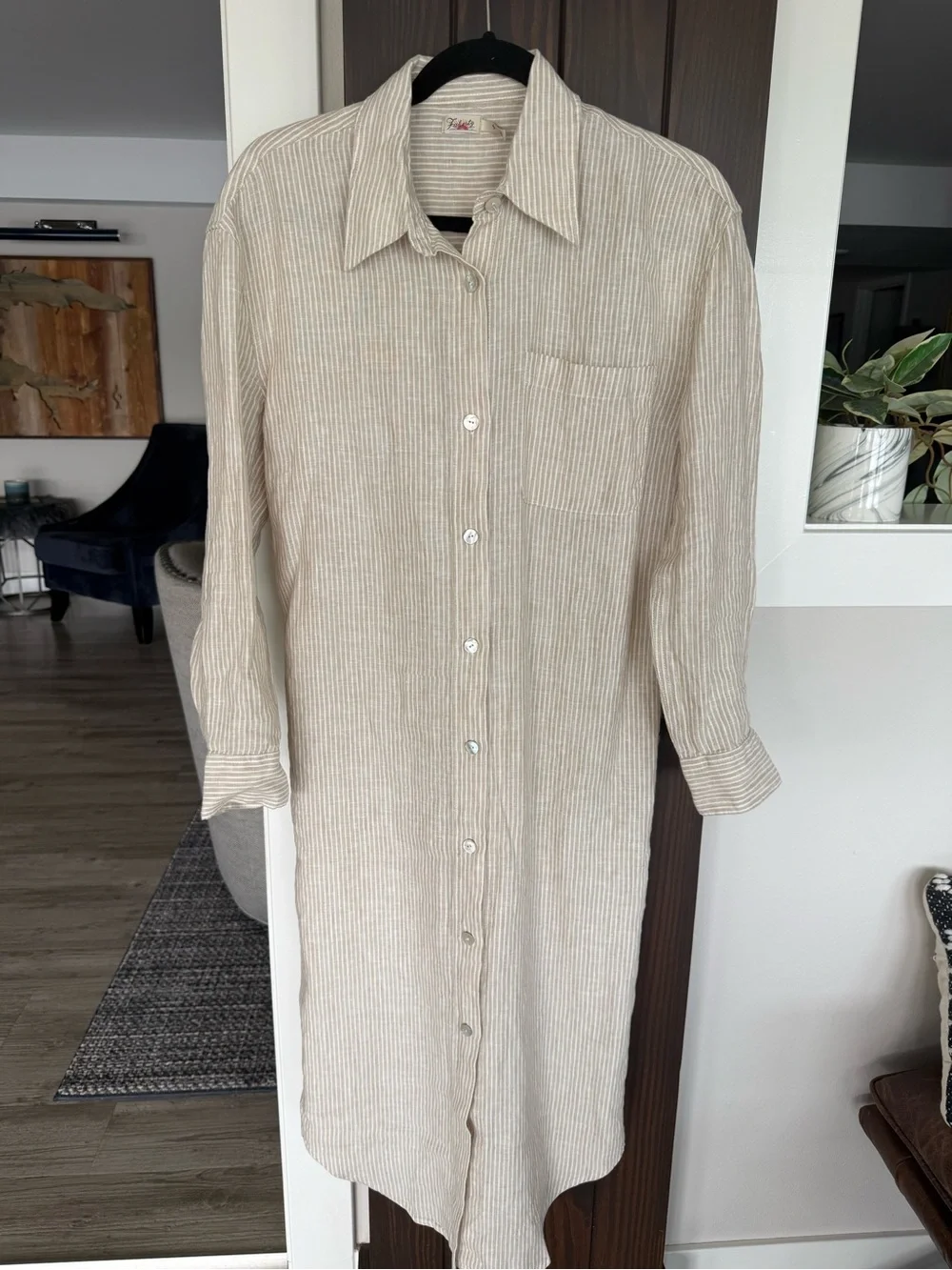 Faherty Laguna Linen Stripe Maxi Shirt Dress in Golden Sun Stripe, size small - Picture 5 of 7